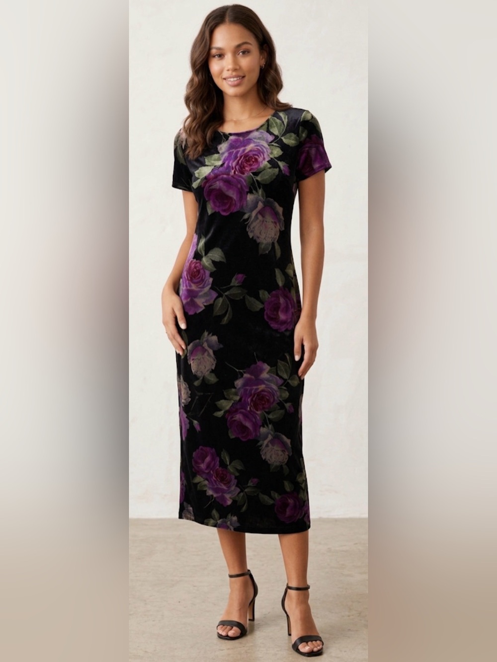 Vintage I.N. Studio San Francisco Floral Stretch Velvet Dress Size 8 Made in USA